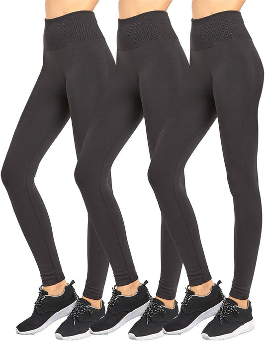 Leggings - Women'S Seamless High Waist Fleece Lined Leggings (Pack of 3) - Charcoal