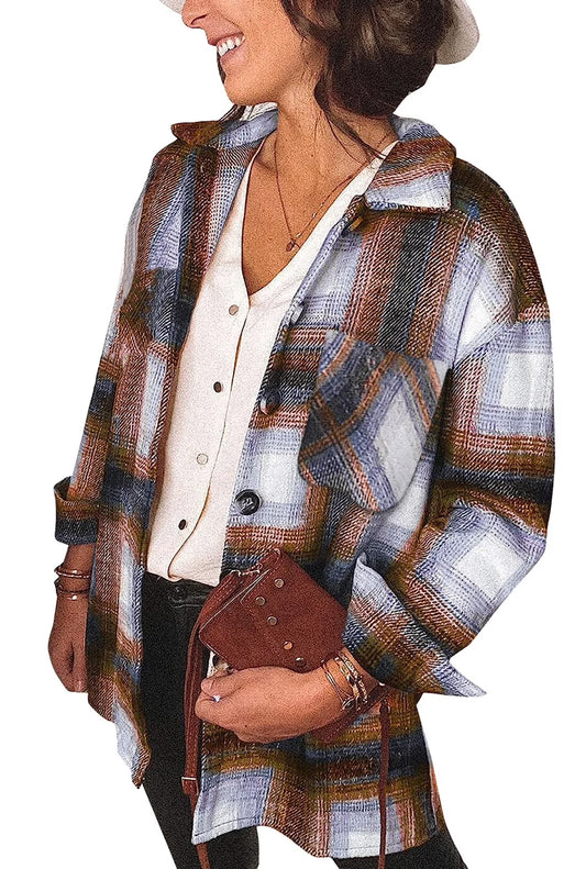 Womens Plaid Shirts Flannel Shacket Jacket Long Sleeve Button down Boyfriend Shirt Coats