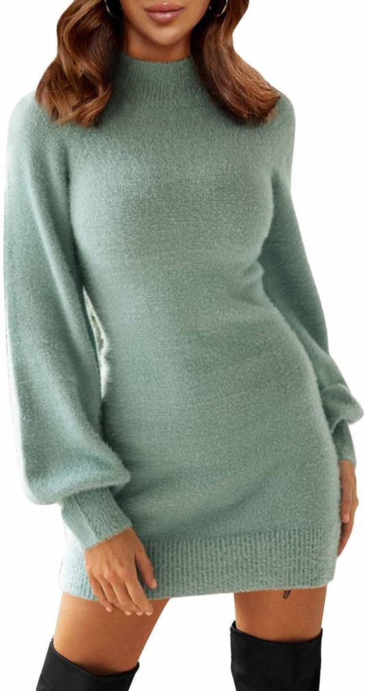 Women'S 2026 Mock Neck Ribbed Long Sleeve Bodycon Pullover Cute Mini Sweater Dress Vacation Outfits Winter Clothes